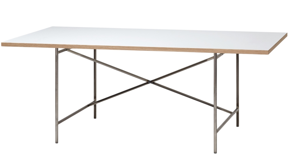 Weißer Eiermann Tisch mit Stahlgestell, moderner Schreibtisch für Büro und Arbeitszimmer.