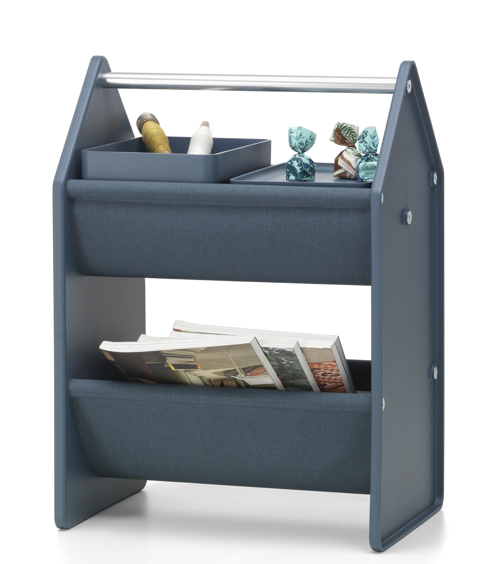Vitra Drop Box Aufbewahrungsbox in Blau mit zwei Stoffablagen für Zeitschriften und Krimskrams.