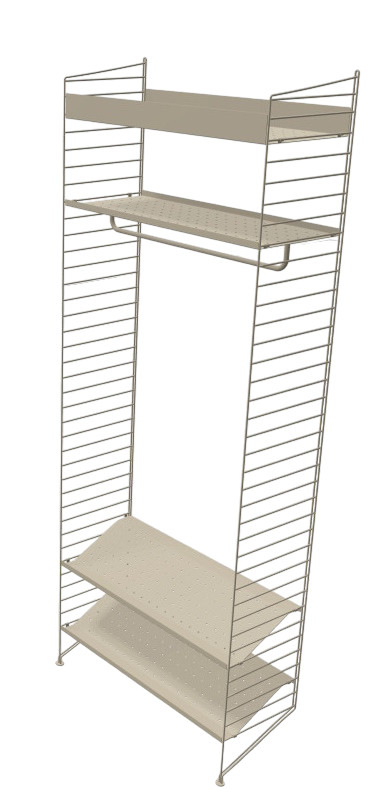 Flur Stringregal H3 mit Hutablage, Kleiderstange und Schuhablagen in Beige für die moderne Garderobe.