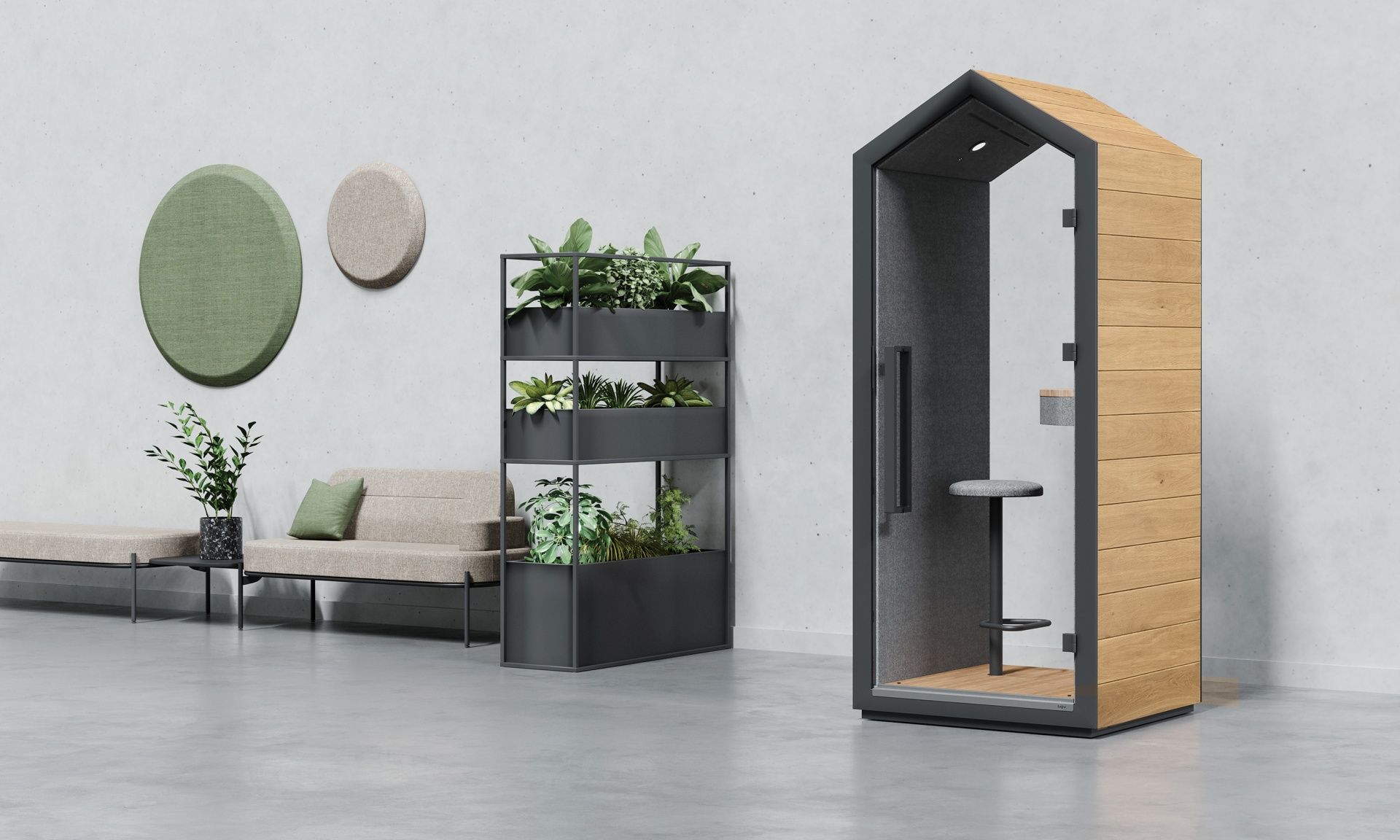 Bejot treehouse THS Akustikkabine in modernem Büro mit Sofa, Pflanzenregal und Akustikelementen für konzentriertes Arbeiten.
