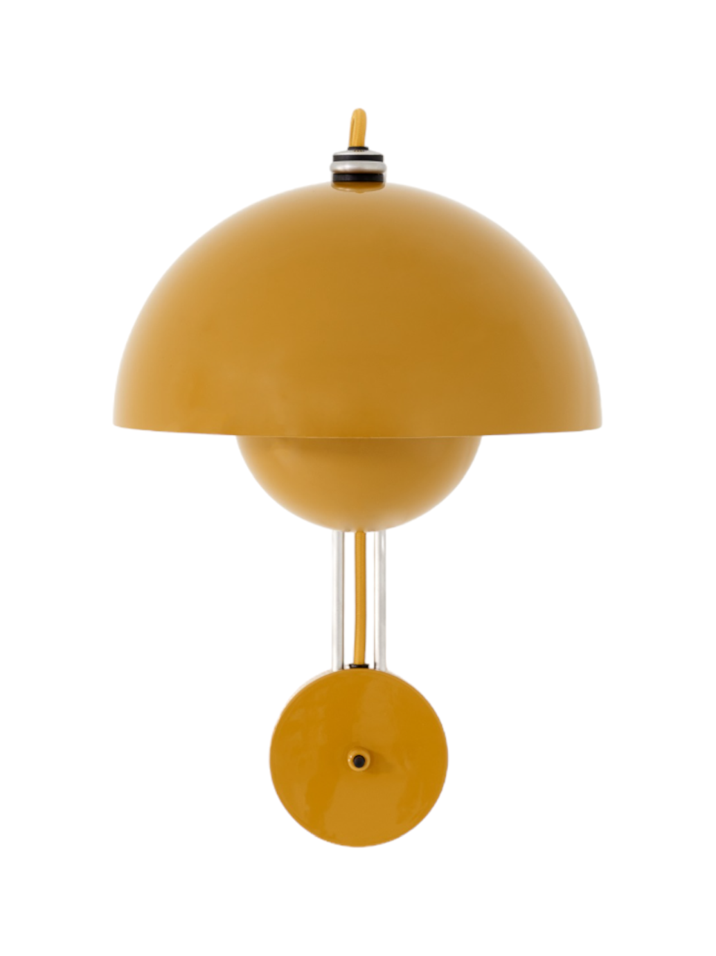Nahaufnahme der gelben Flowerpot VP8 Wandleuchte von AndTradition, ein Designklassiker mit zwei Halbkugeln.