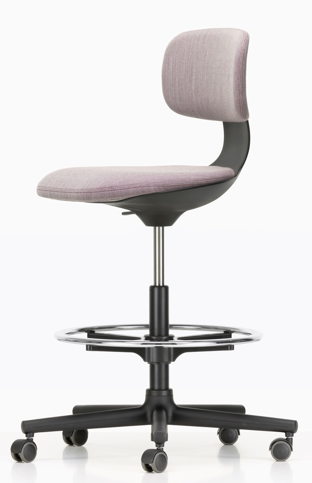 Vitra Rookie High Bürodrehstuhl mit Fußstütze und grauem Stoffbezug, ergonomischer Arbeitsstuhl auf Rollen.