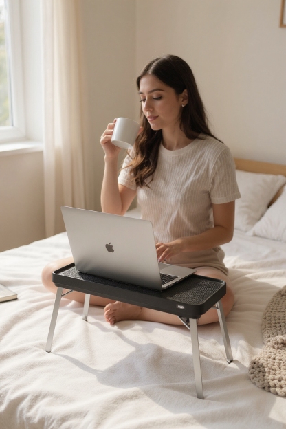 Frau arbeitet am Laptop auf dem Bett mit dem Indoor Open-Air Tray Mini Tisch von Vipp.