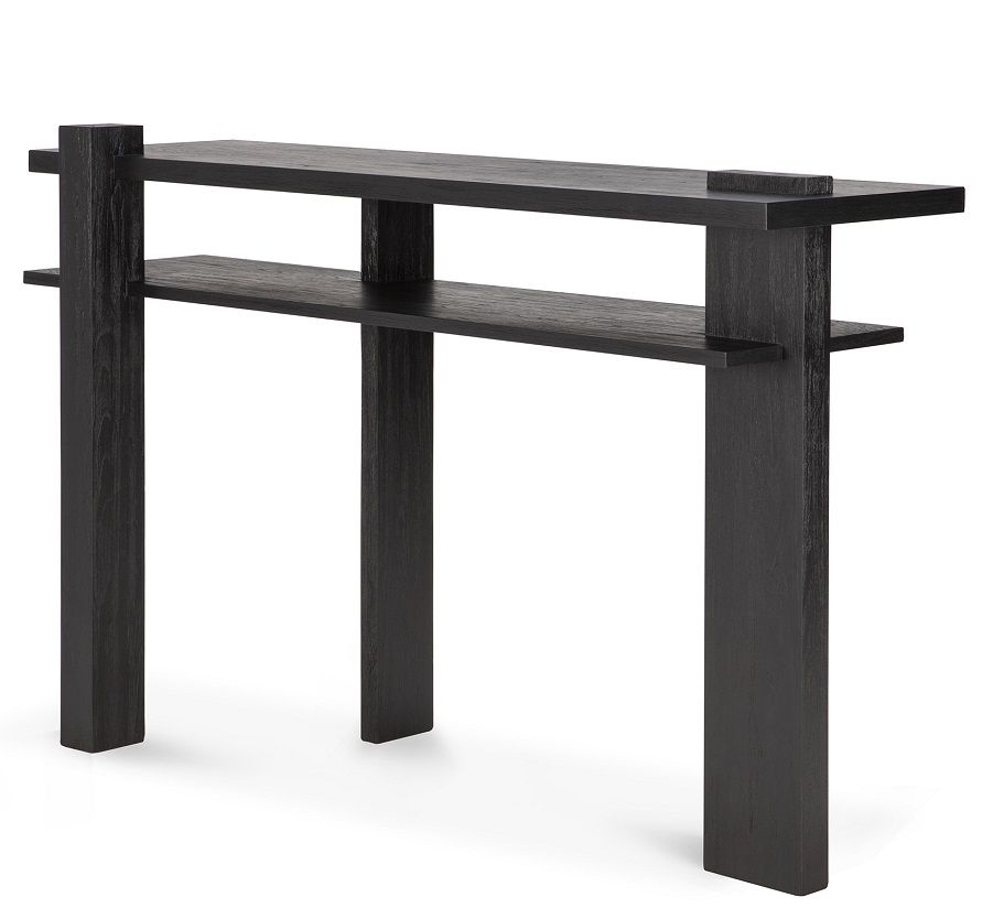 Schwarze Eiche Konsole im abstrakten Design von Ethnicraft. Moderne Konsole mit zwei Ablageflächen.
