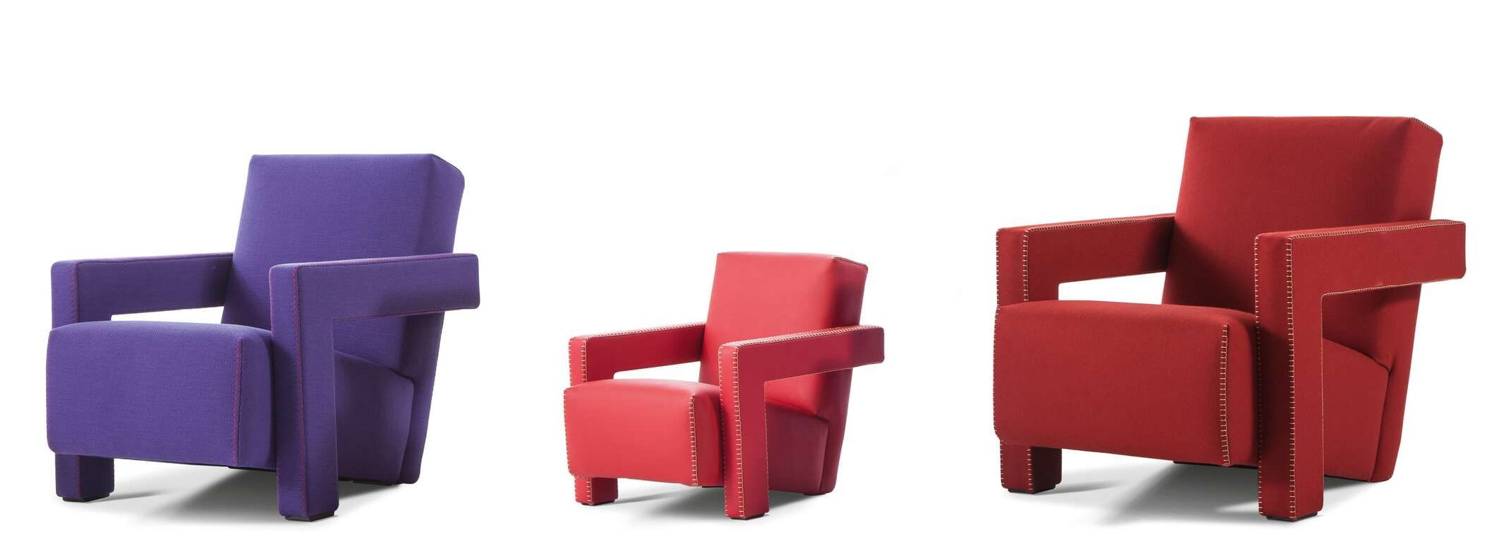 Cassina Utrecht Sessel in Lila, Rot und Koralle, moderner Design-Sessel mit kubischen Formen.