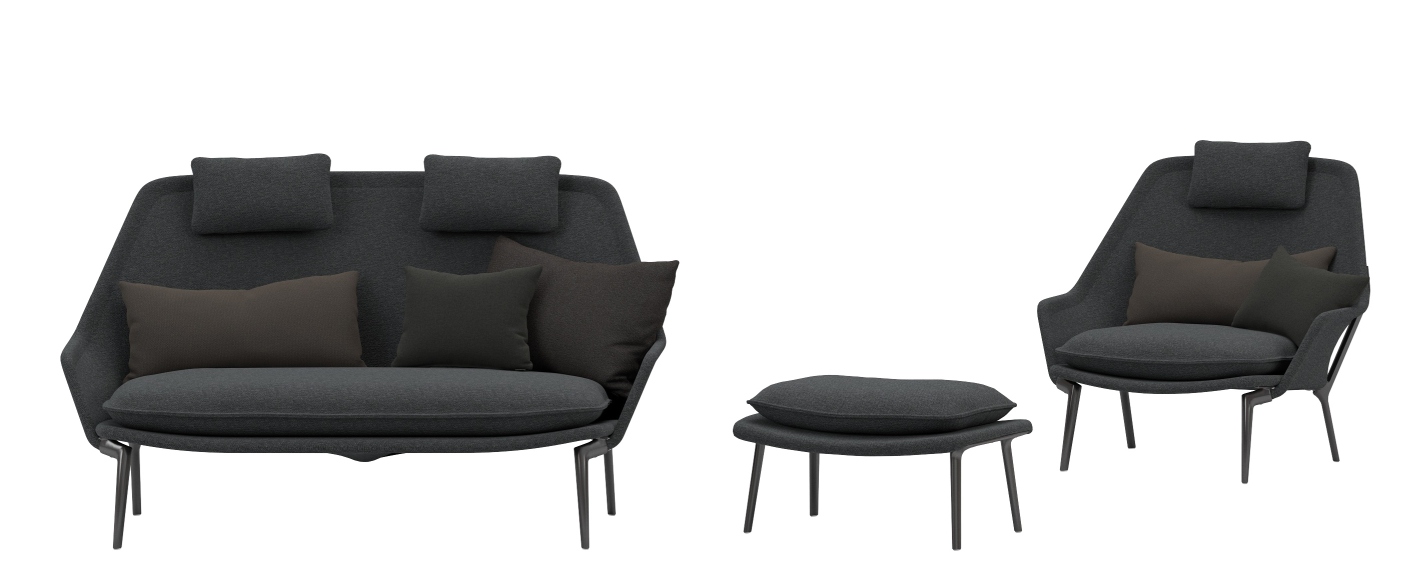Vitra Slow Chair und Ottoman Sessel aus Stoff in Anthrazit mit Kissen.
