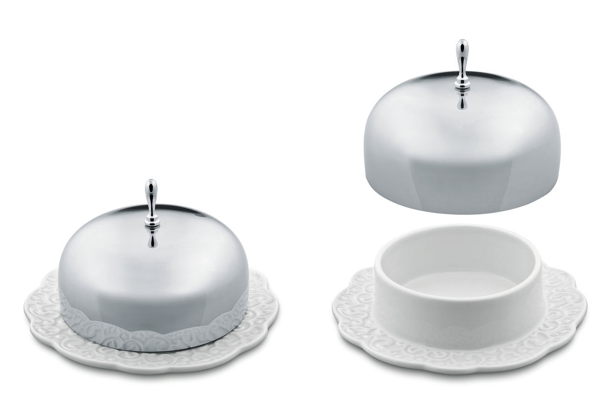 Alessi Butterdose mit Deckel, MW16 Dressed, Edelstahl und Porzellan, geöffnet und geschlossen.