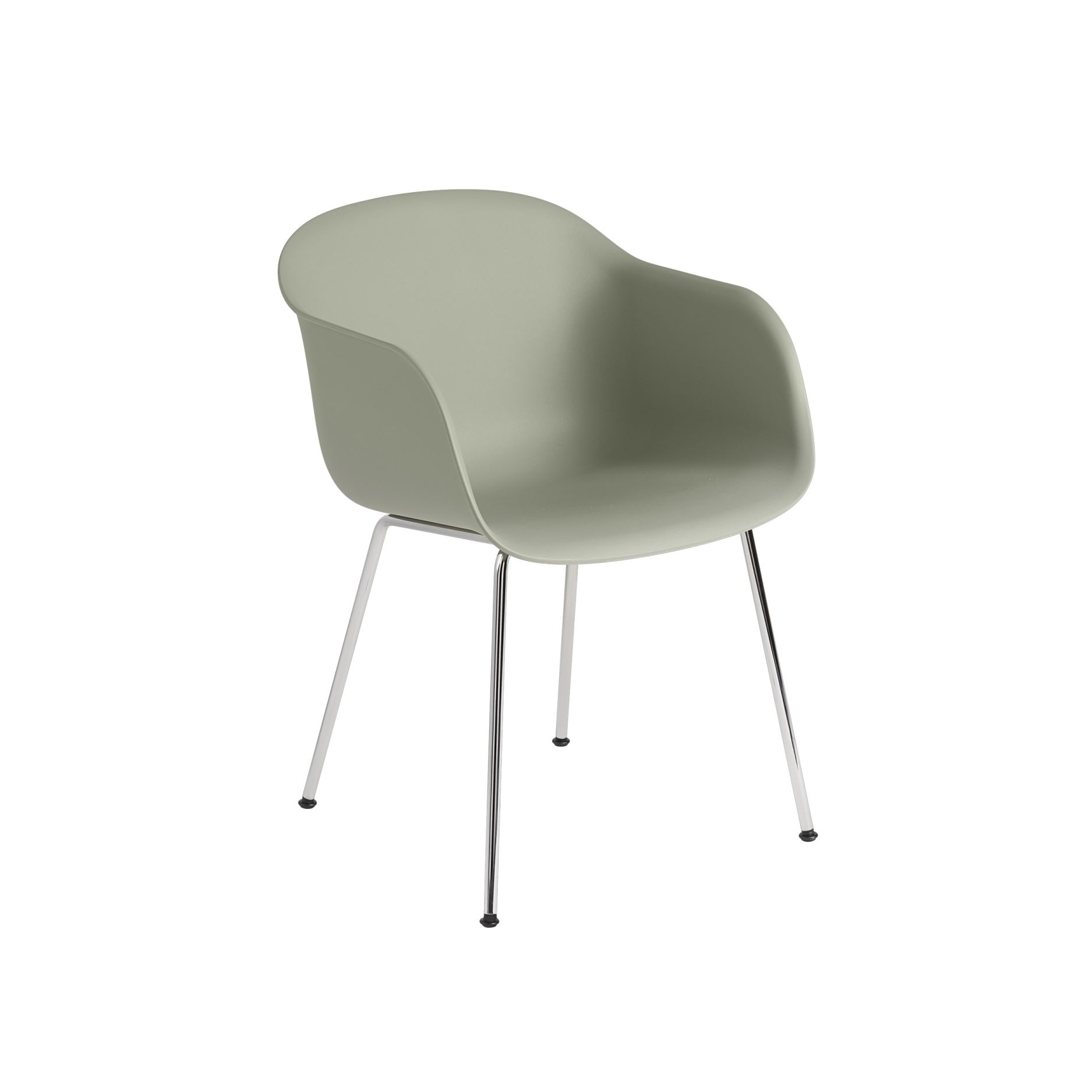 Muuto Fiber Armchair Tube Base Stuhl in sanftem Grün mit verchromten Stahlbeinen, Frontansicht.