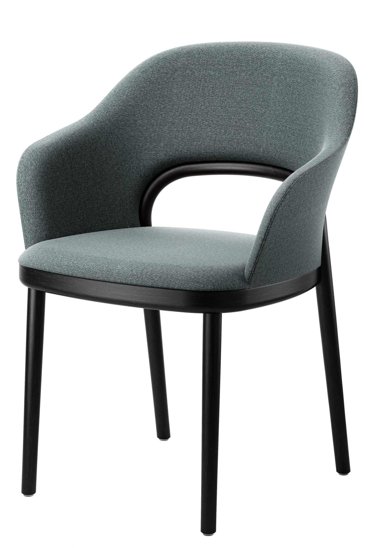 Thonet S 520 PF Polsterstuhl mit Armlehnen, grauem Stoffbezug und schwarzem Holzgestell.