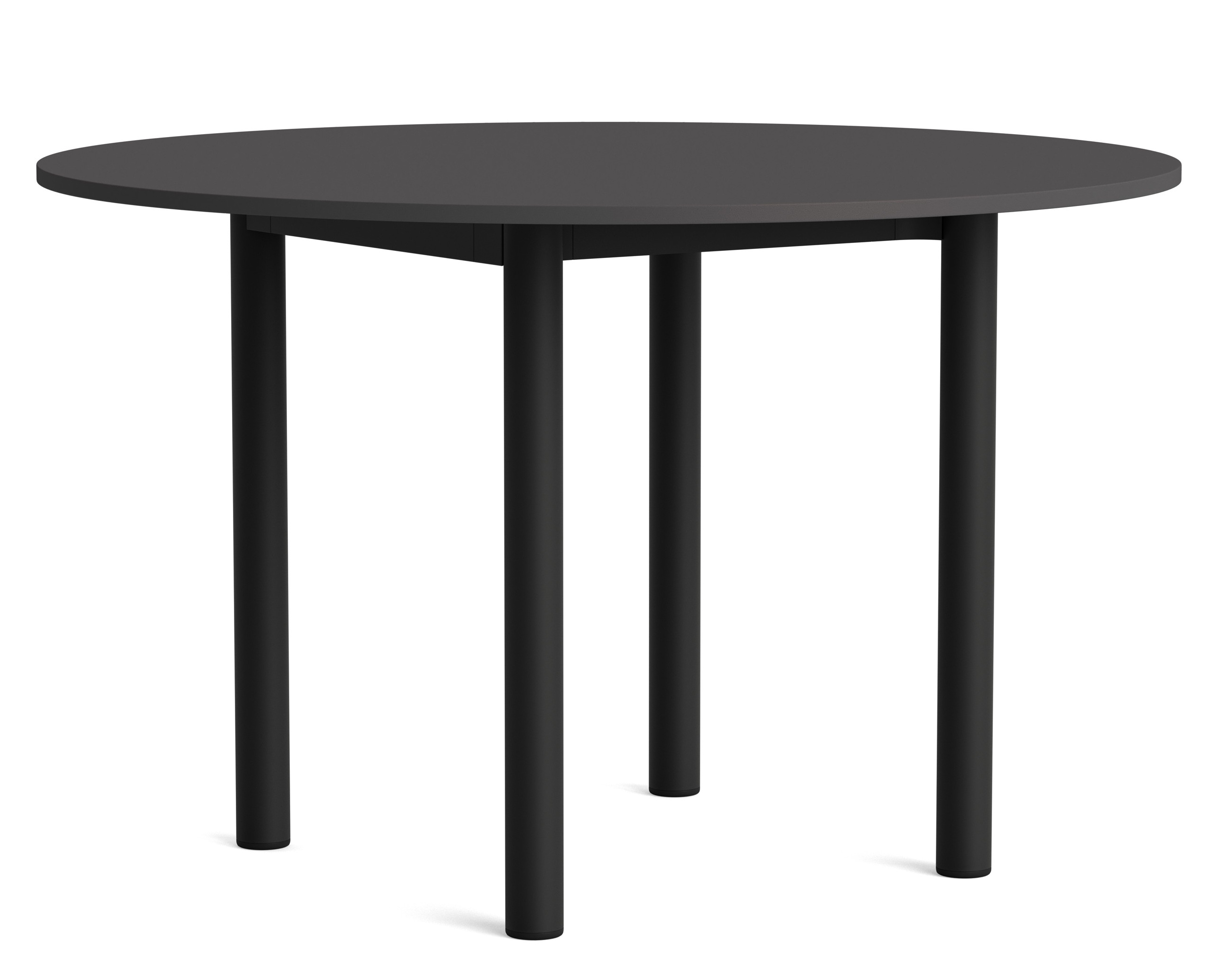 Annex Table Round Esstisch von Hay, runder Tisch mit schwarzer Tischplatte und zylindrischen Beinen.