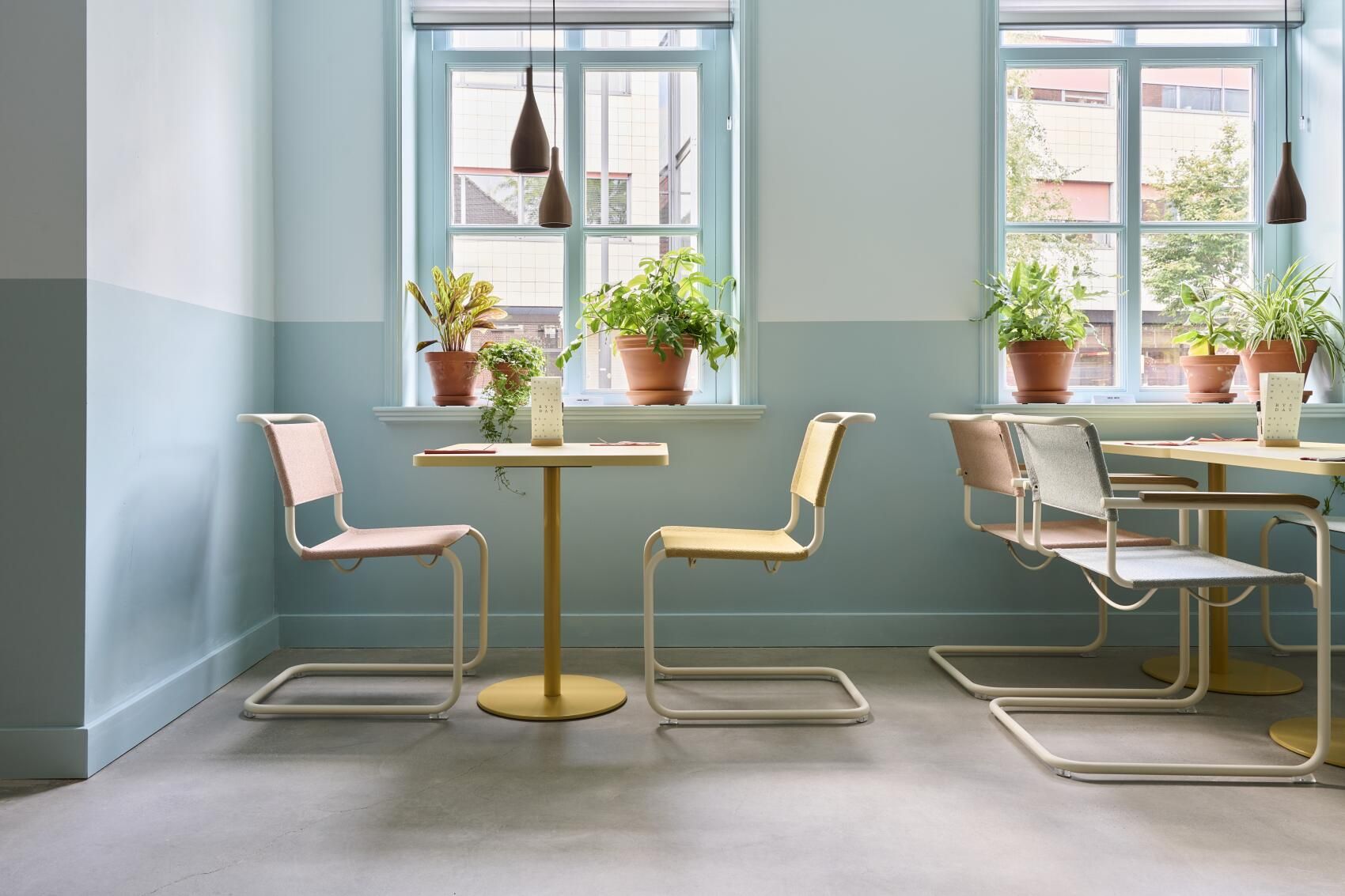 Helle Inneneinrichtung mit Thonet S 33 Freischwinger Stühlen in Gelb, Rosa und Grau an gelben Tischen.