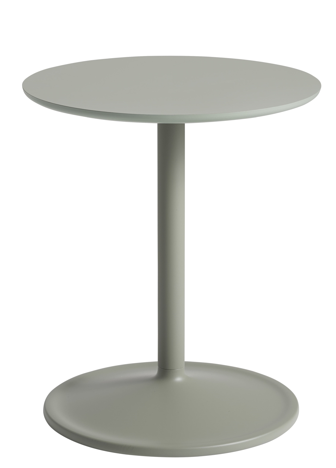 Muuto Soft Side Table Beistelltisch in sanftem Grau mit runder Tischplatte und Fuß für Wohnzimmer.