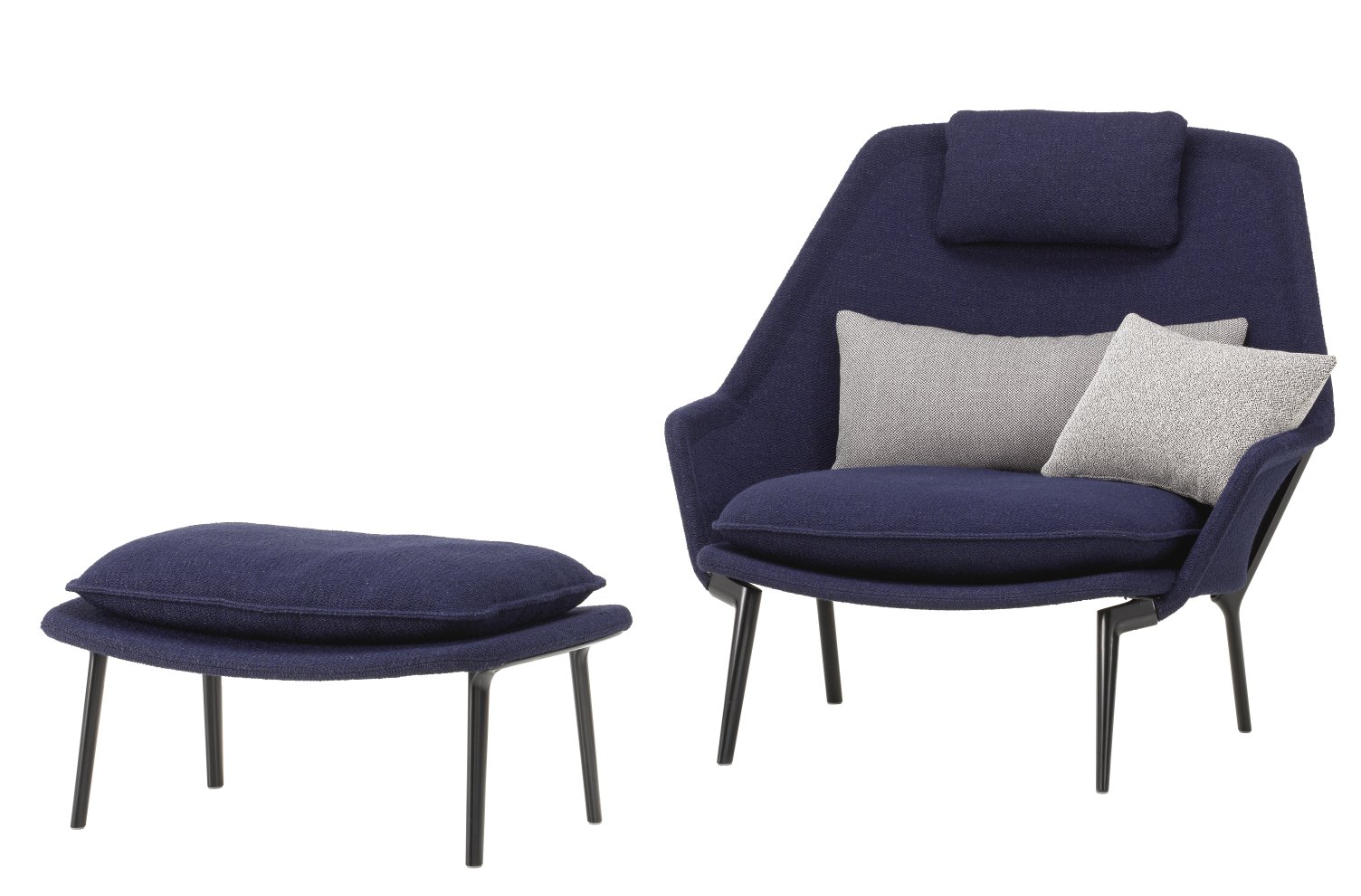 Vitra Slow Chair Sessel mit Ottoman in blauem Stoff und schwarzen Beinen.