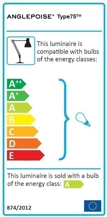 Energieeffizienzlabel der Anglepoise Type 75 Tischleuchte, kompatibel mit Leuchtmitteln der Energieklassen A++ bis E.