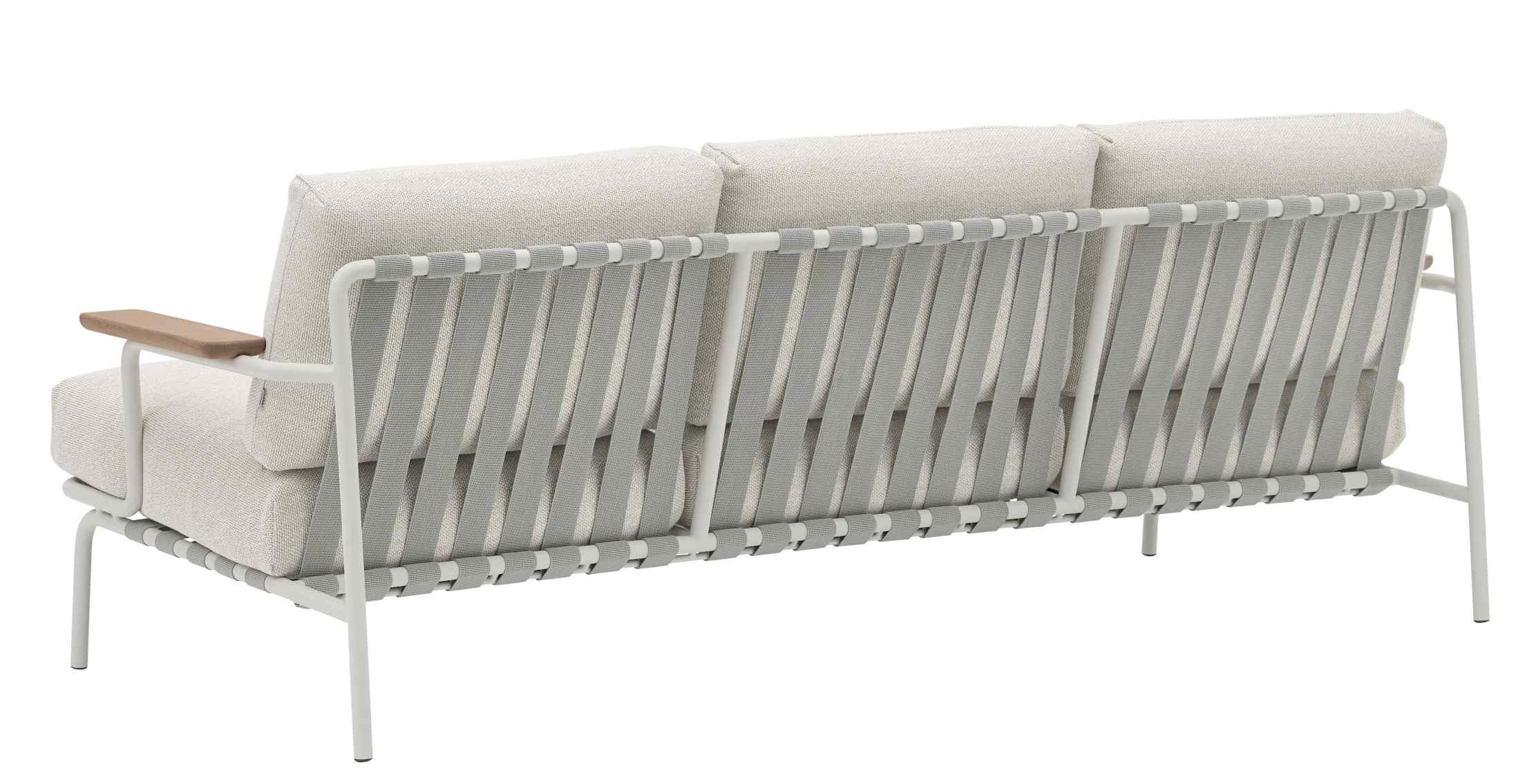 Rückansicht des Muuto Settle Outdoor Sofas, ein 3-Sitzer mit weißem Rahmen und grauen Textilbändern.