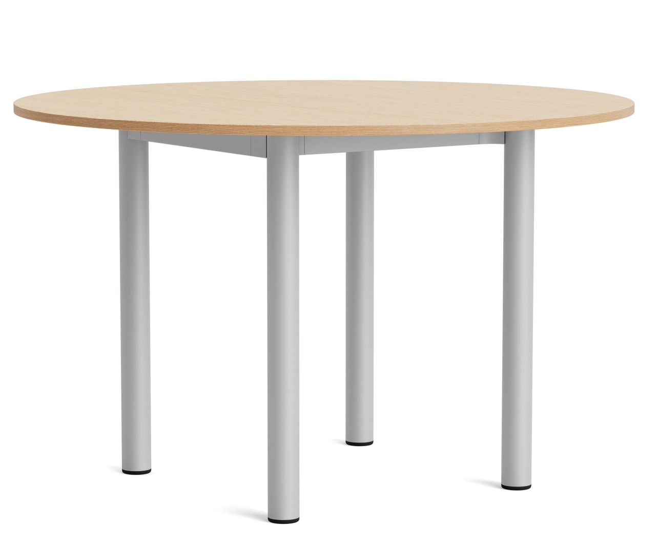 Annex Table Round Esstisch von Hay mit heller Tischplatte und silberfarbenem Gestell, runde Form.