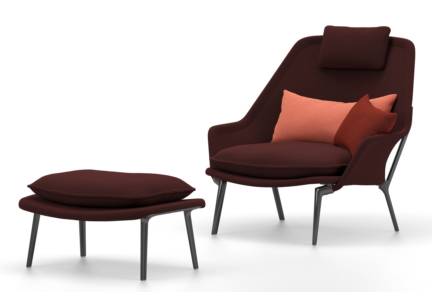 Vitra Slow Chair Sessel mit Ottoman in braunem Stoff und farbigen Kissen.