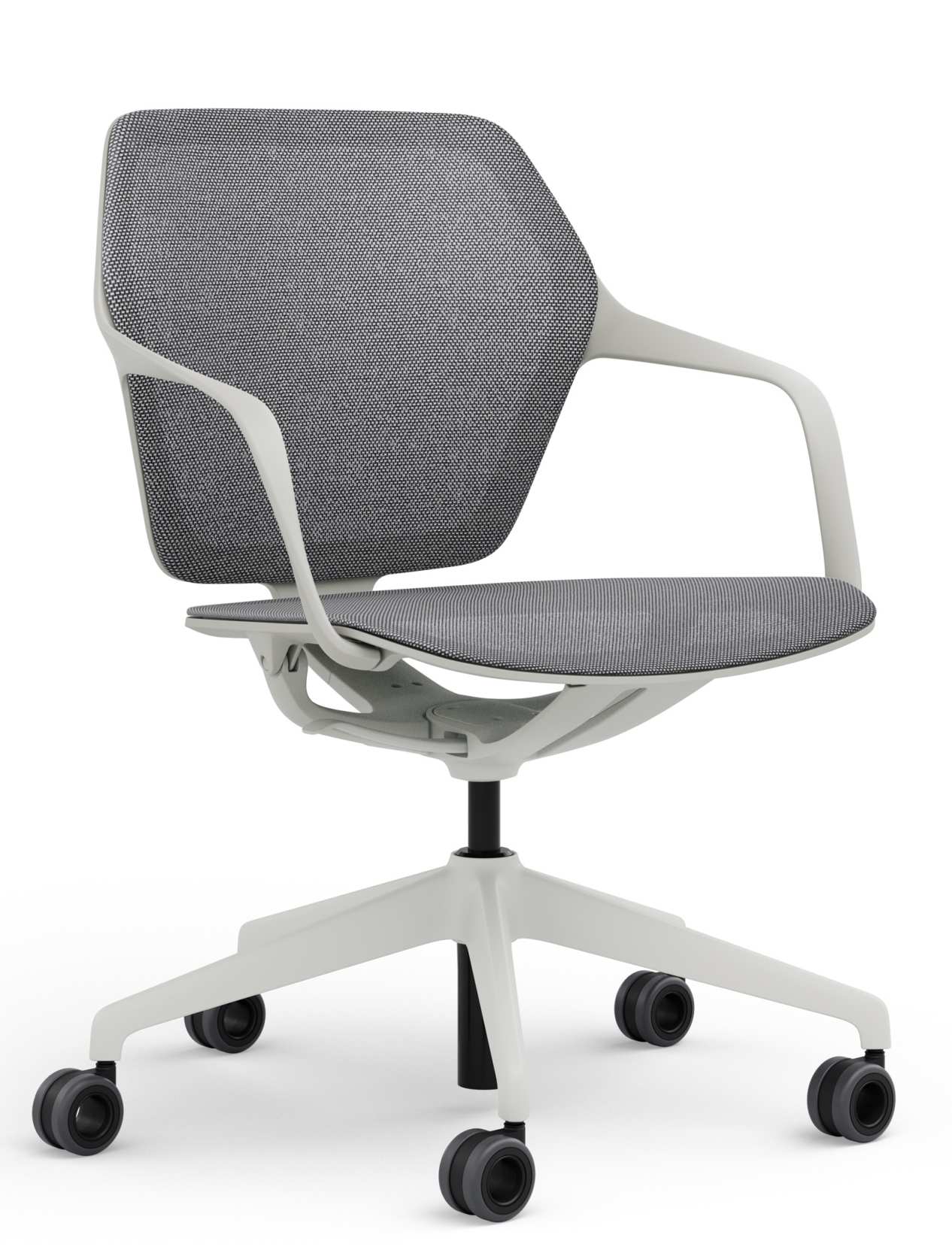 Ray Work Bürodrehstuhl von Brunner mit grauem Netzrücken, Armlehnen und weißem Fußkreuz mit Rollen.