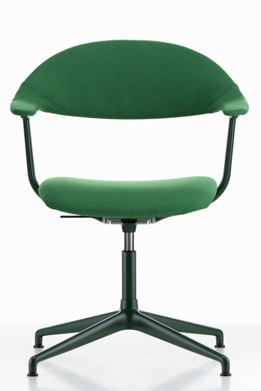 Mynt Bürodrehstuhl von Vitra, grüne Stoffpolsterung, ergonomischer Schreibtischstuhl mit Armlehnen und fünfarmigem Fußkreuz.