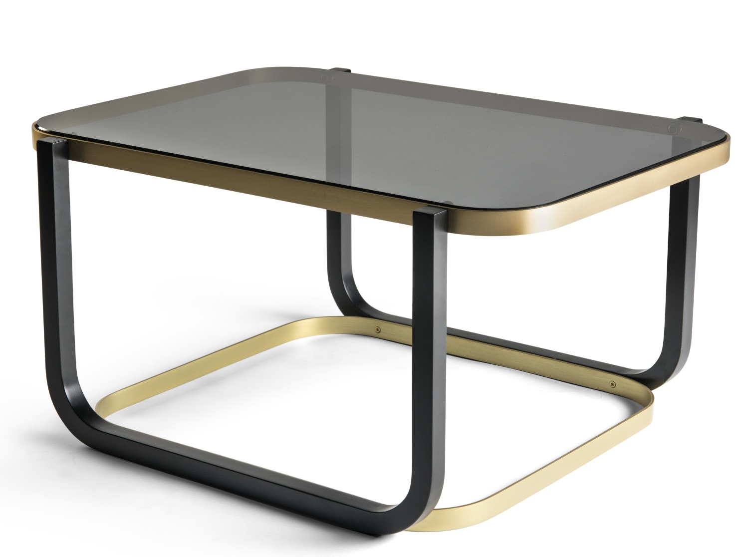Duet B Couchtisch von Wiener GTV Design mit Glasplatte und Gestell aus gebogenem Holz.