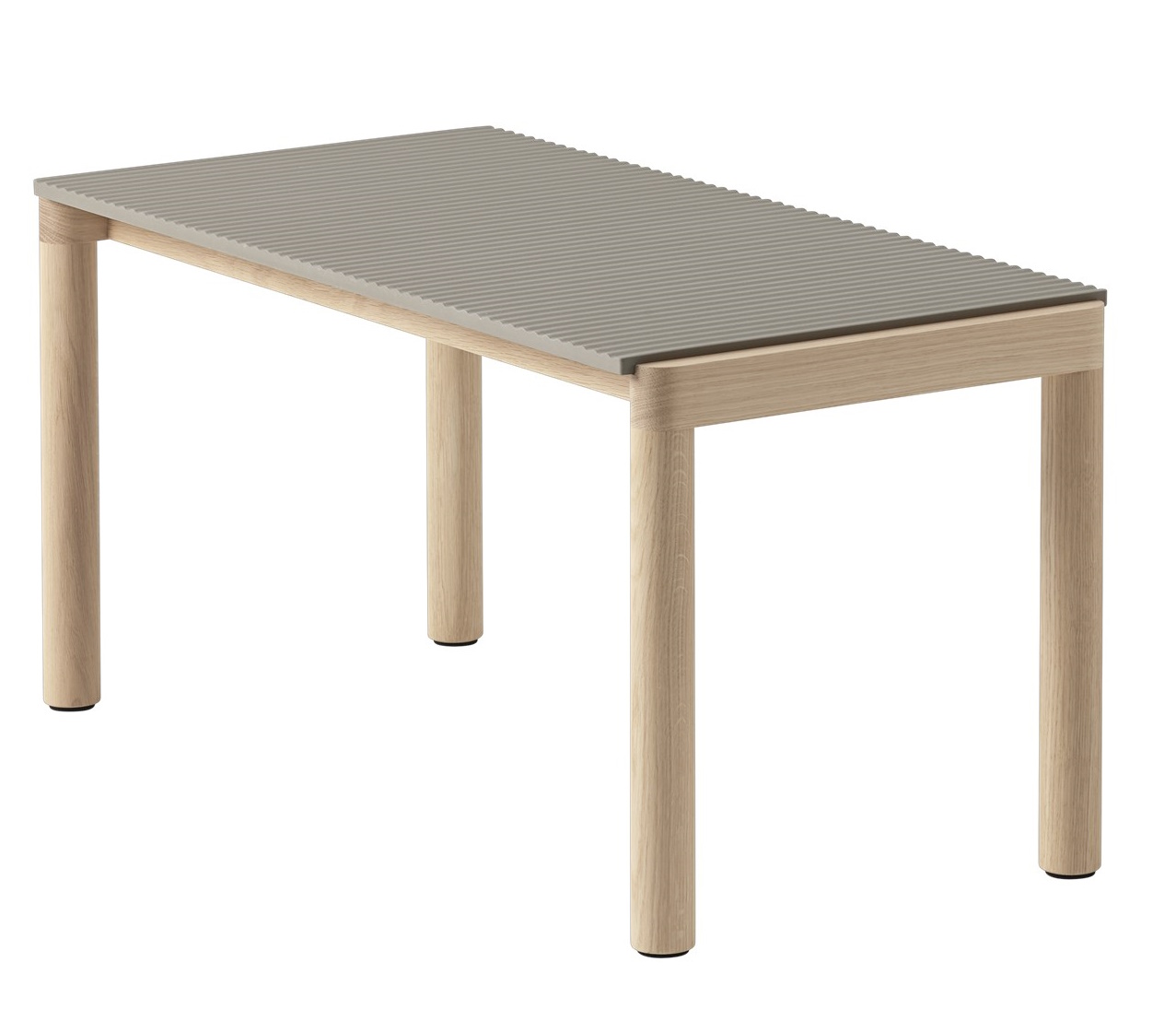 Muuto Couple Coffee Table: Rechteckiger Couchtisch aus hellem Holz mit geriffelter, grauer Tischplatte.