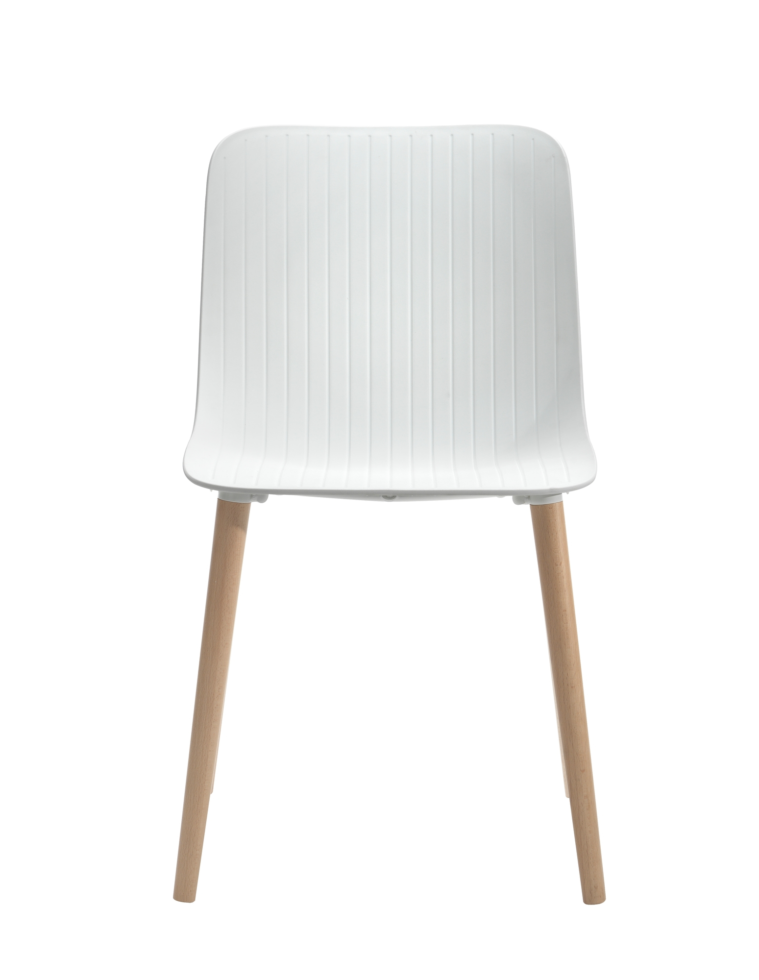 Weißer Stuhl mit Holzbeinen, modernes Design. Esszimmerstuhl oder Bürostuhl.