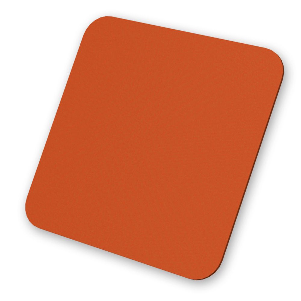 Orangefarbenes, quadratisches Mousepad mit abgerundeten Ecken für Büro und Gaming, Nahaufnahme.