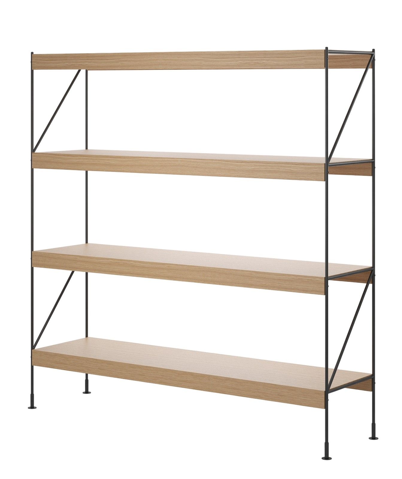 Audo Copenhagen Zet Storage System Regal mit vier hellen Holzablagen und schwarzem Metallgestell.