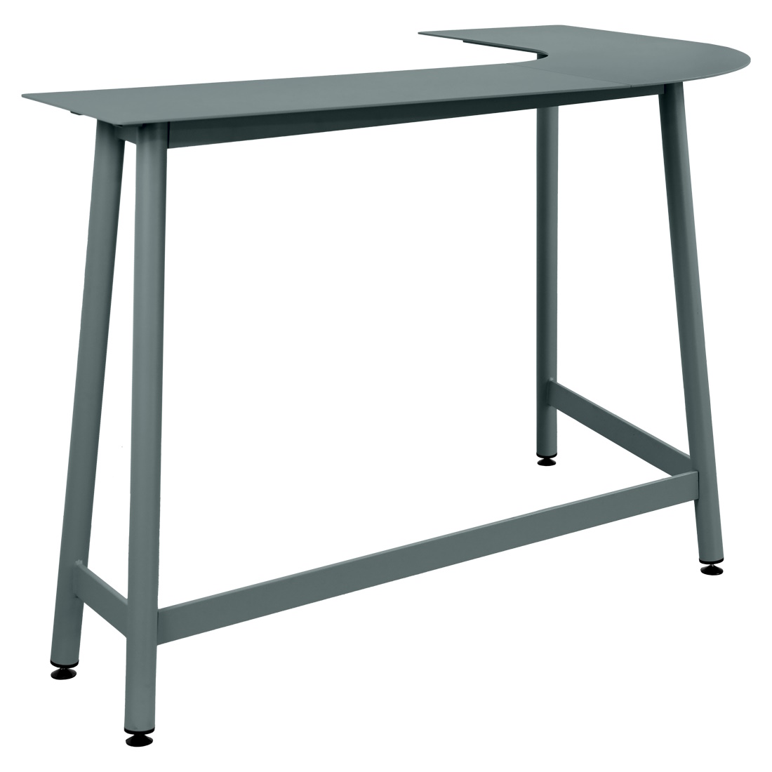 Bolder Theke Outdoor Fermob, moderne Stehtisch-Theke für den Außenbereich, aus grauem Metall mit abgerundeter Tischplatte.