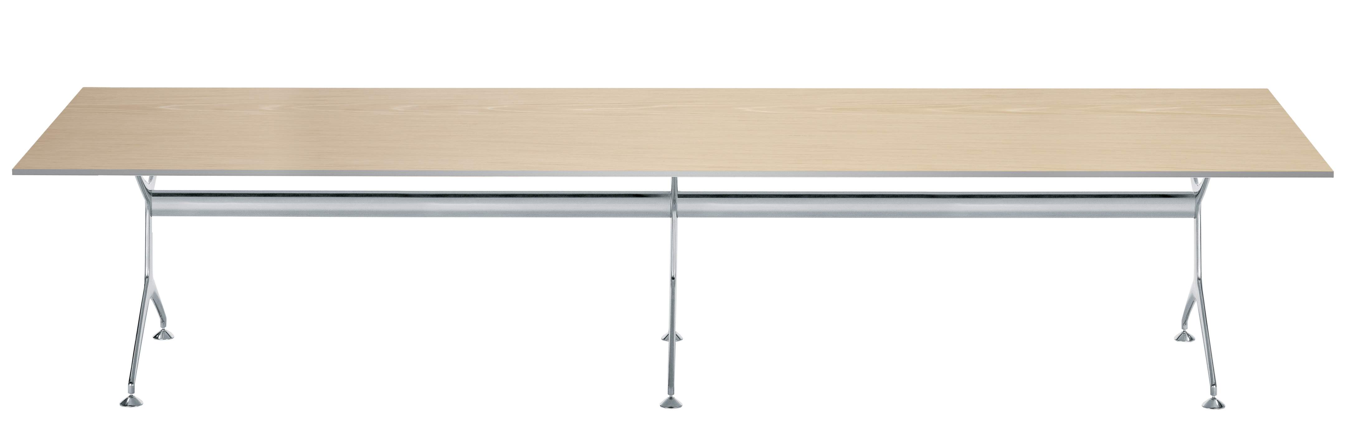 Frametable Tisch Alias mit heller Holzplatte und verchromtem Stahlgestell, modernes Design für Büro und Konferenz.