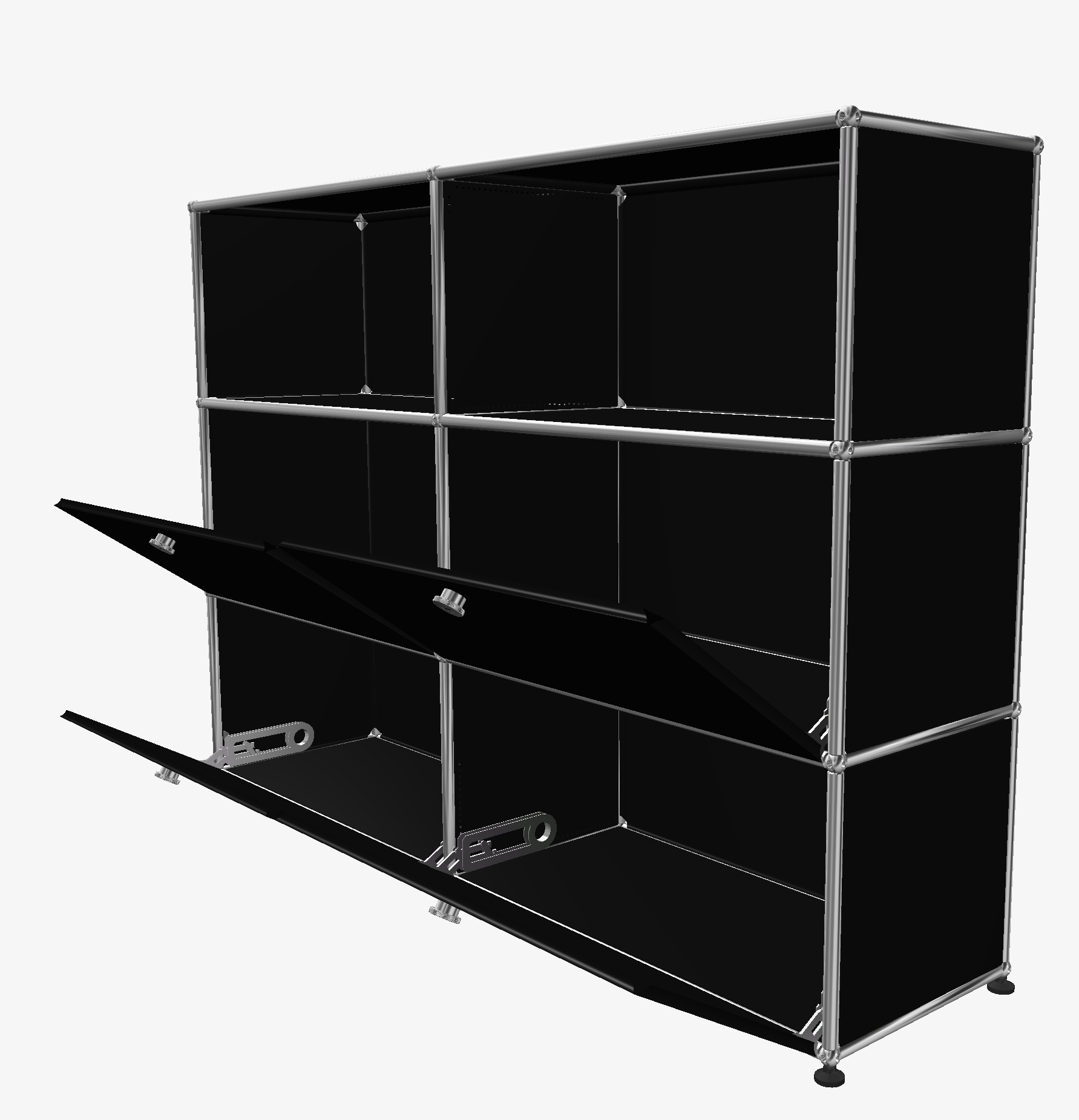 USM Haller Highboard in Graphitschwarz mit vier Klappen und zwei offenen Fächern, modernes Designmöbel.