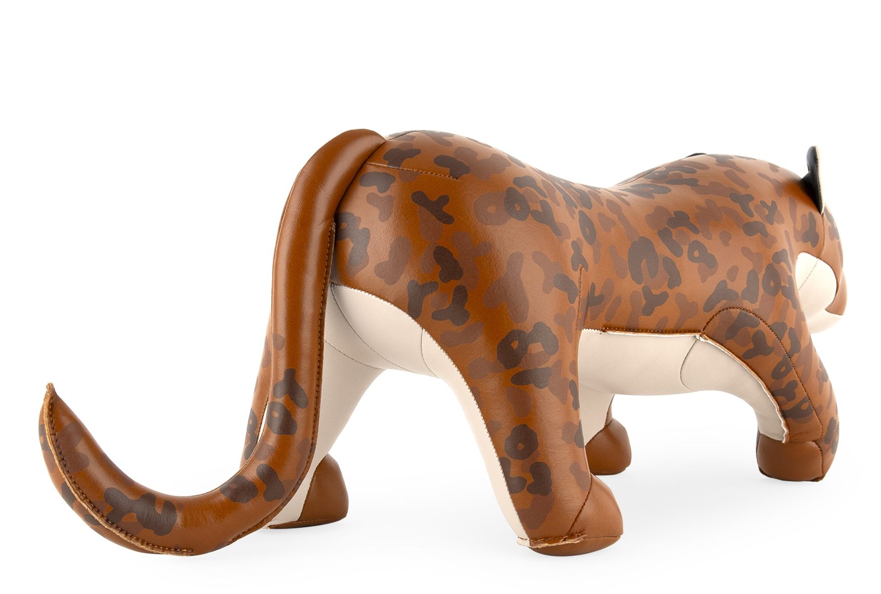 Rückansicht der Leopard-Buchstütze in Braun und Beige mit auffälligem Leopardenmuster.