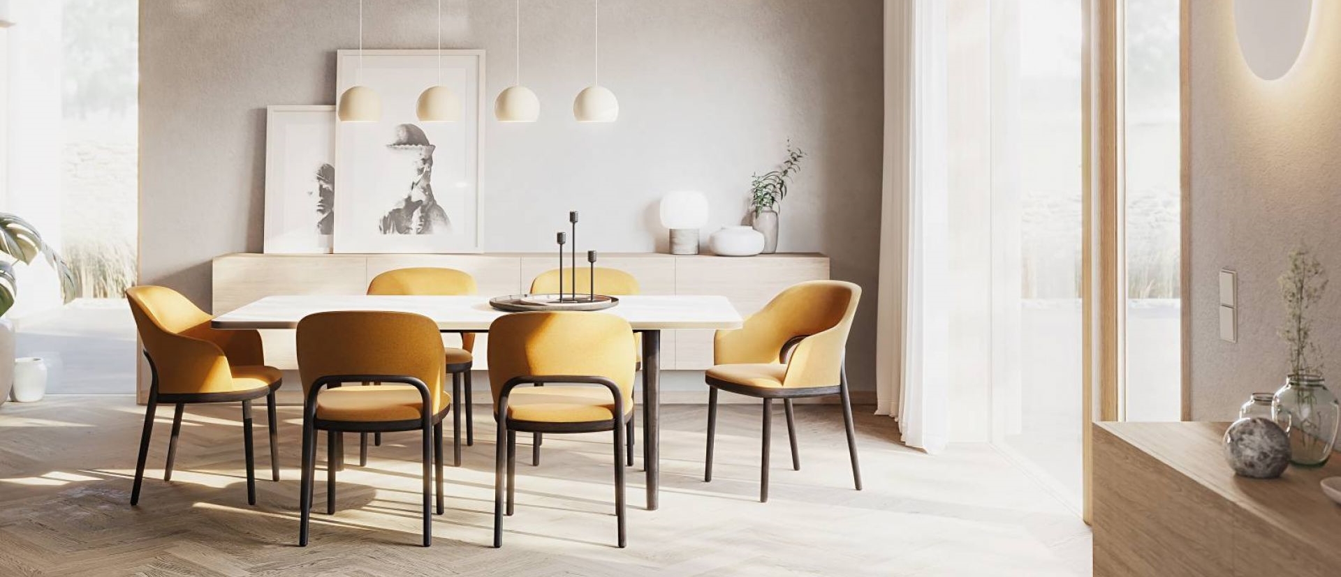 Esstisch mit sechs gelben Polsterstühlen und schwarzem Gestell in modernem Esszimmer.
