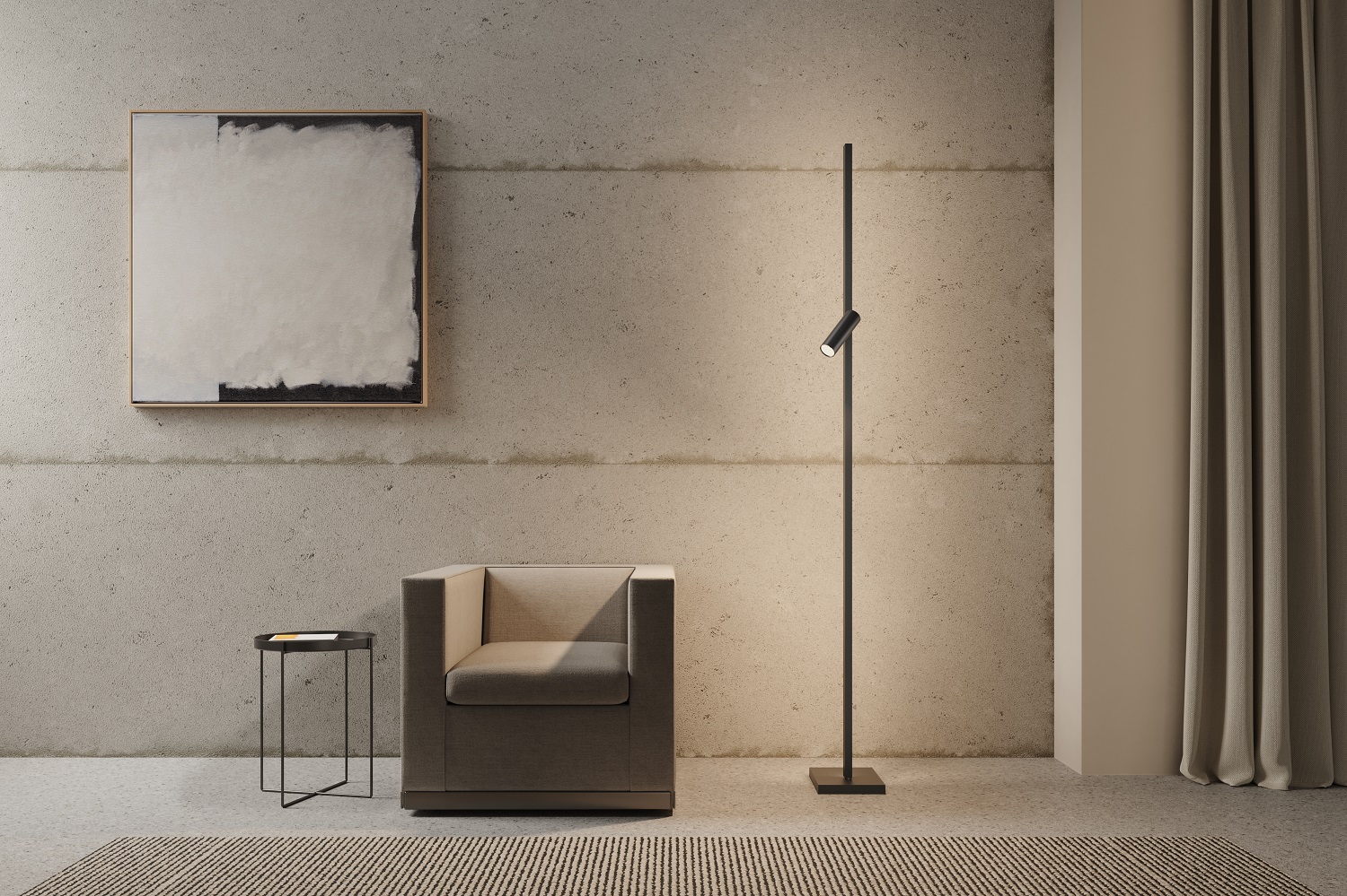 Zen X Floor Lamp Stehleuchte neben Sessel und Beistelltisch in modernem Wohnzimmer mit Kunstwerk.