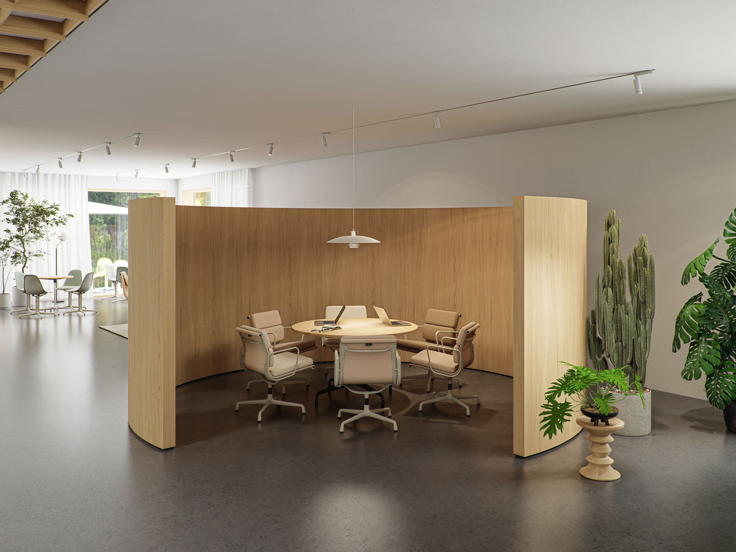 Vitra Soft Pad Chair EA205 in heller Büroumgebung mit Holzwand und Besprechungstisch.