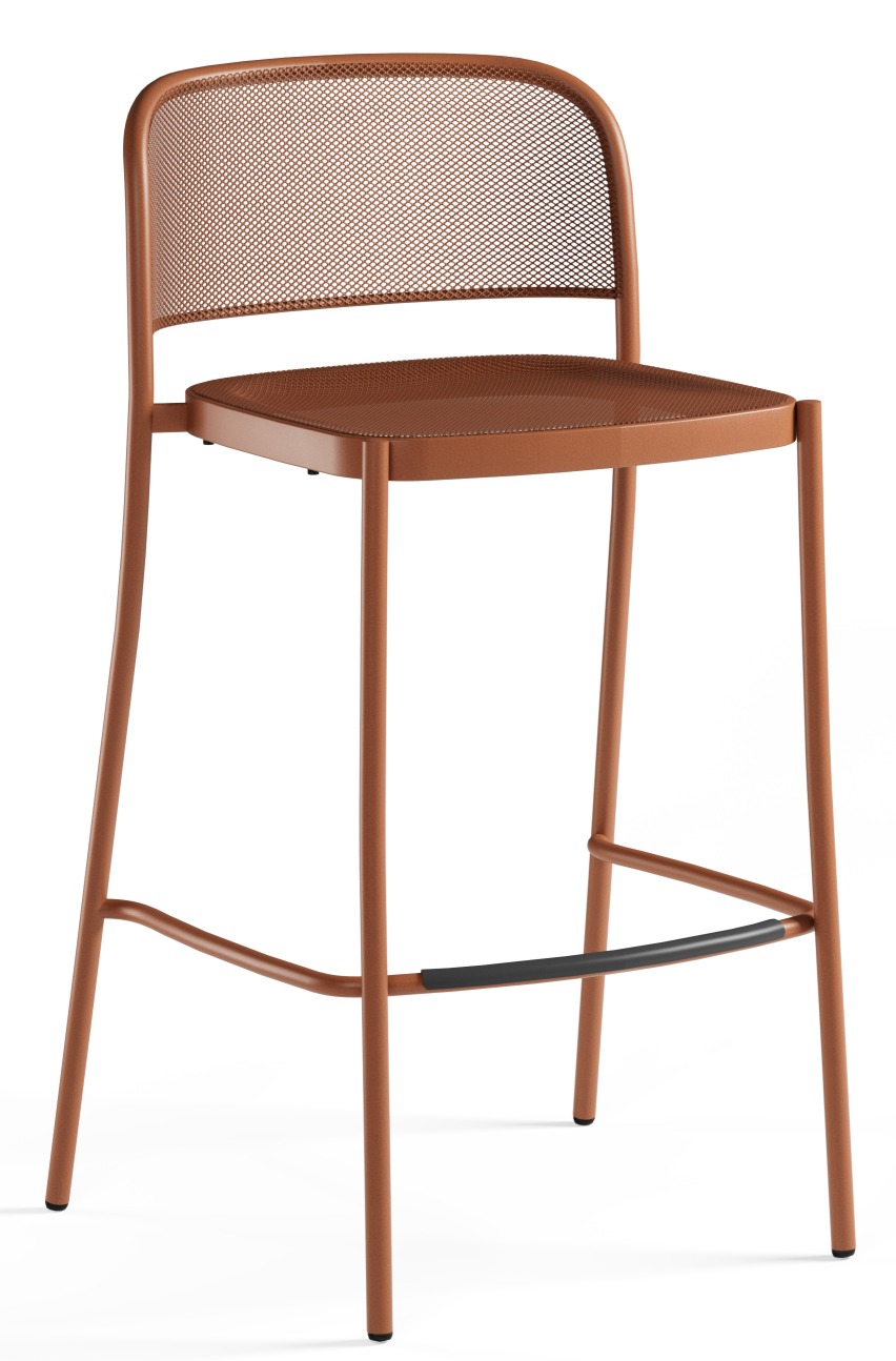 Café Barstool Barhocker von Emu für den Außenbereich, Metall in Terrakotta, modernes Design mit Fußstütze.