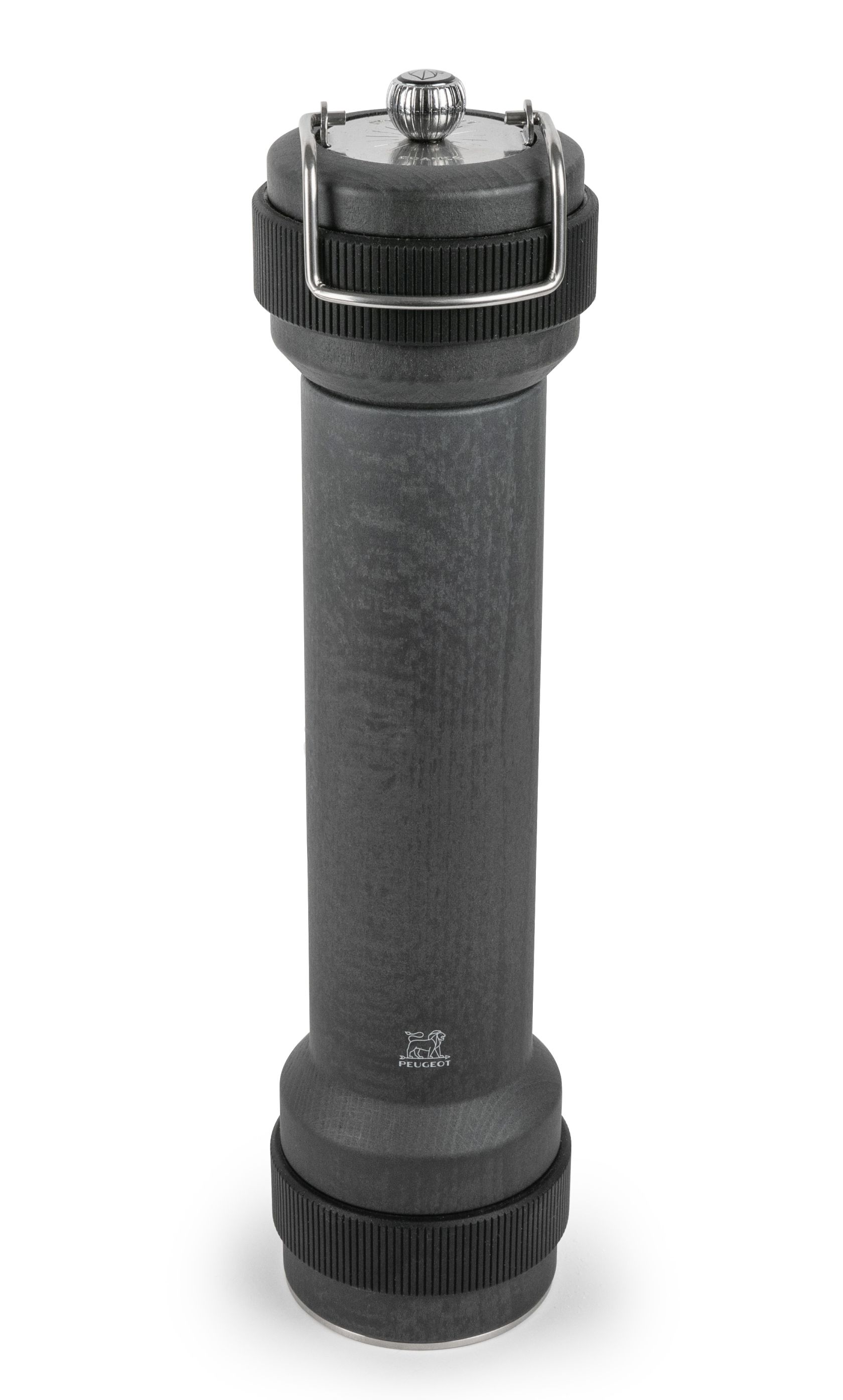 Graphitfarbene Peugeot BBQ Pfeffermühle, manuelle Bedienung, ideal für Outdoor-Barbecue, 30 cm hoch.