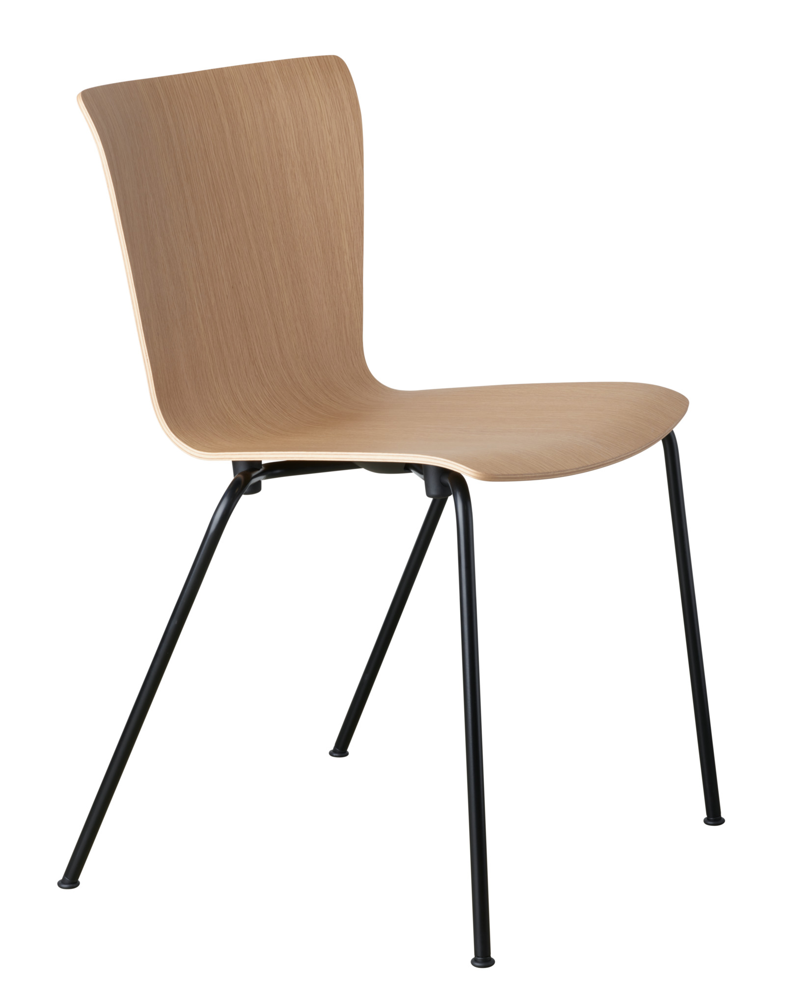 Vico Stuhl von Fritz Hansen mit Sitzschale aus Holz und schwarzem Metallgestell, seitliche Ansicht.