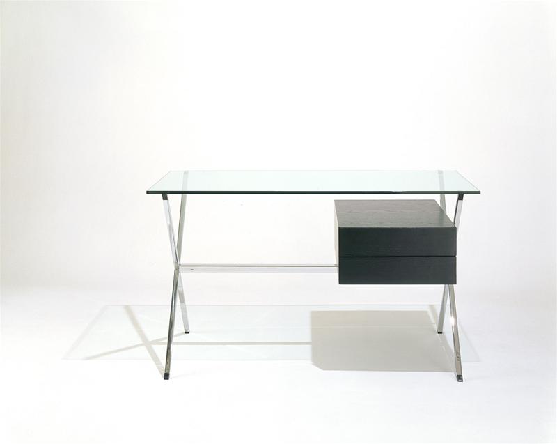Franco Albini Schreibtisch mit Glasplatte und schwarzer Schublade, modernes Design für Büro und Arbeitszimmer.