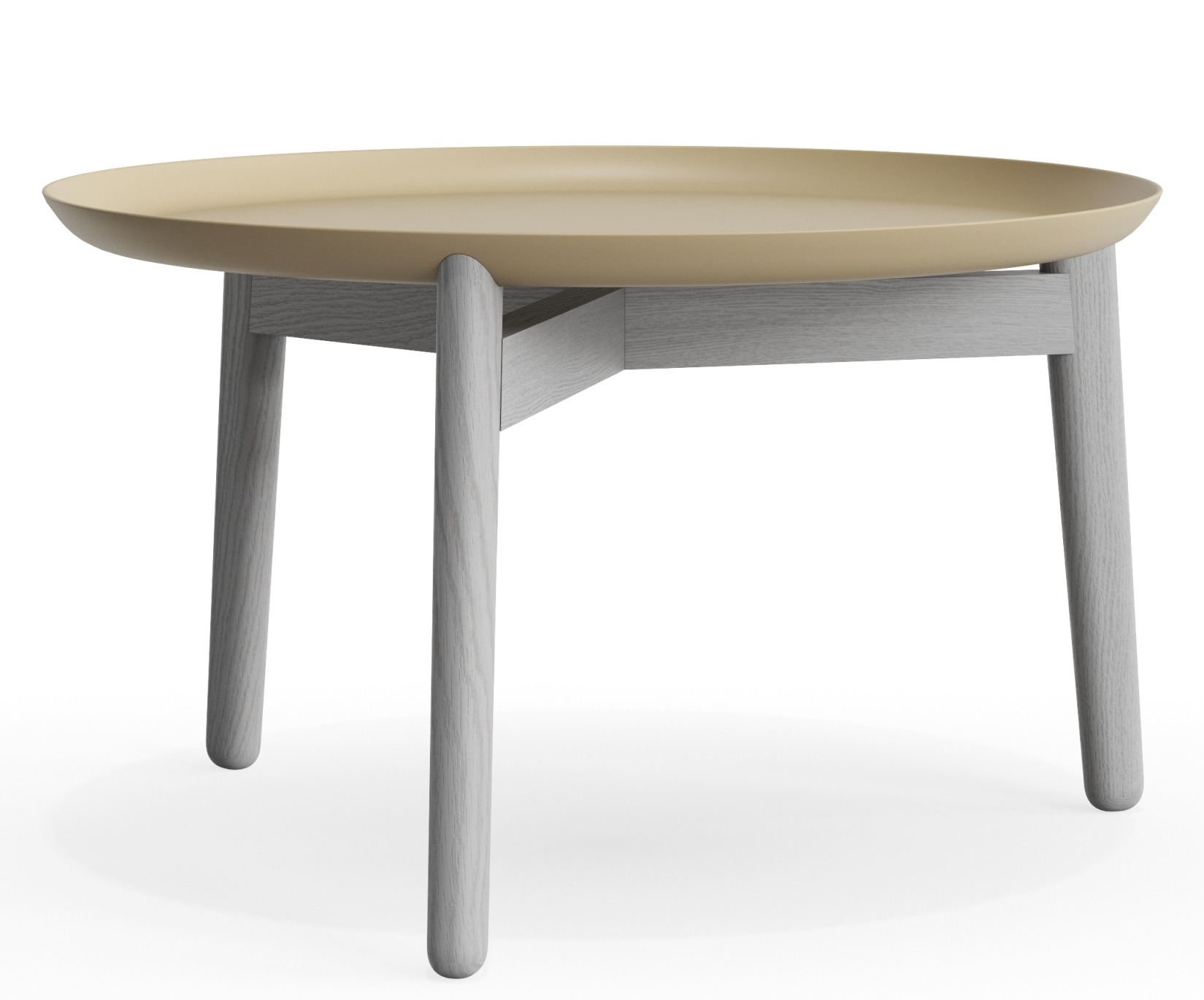 Plaisir 2 Beistelltisch von Zeitraum, Aluminium Tischplatte in Beige mit hellem Holzgestell, modernes Möbeldesign.