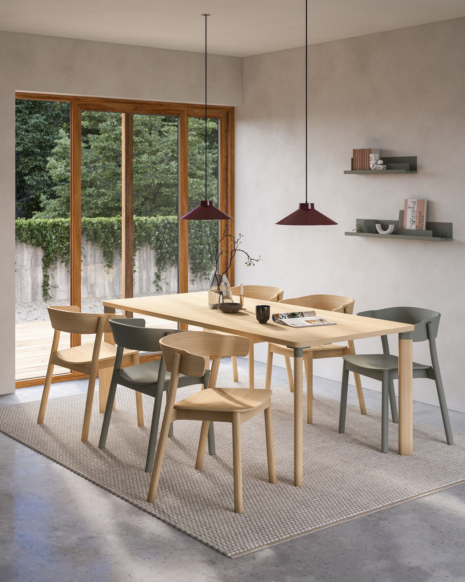 Esstisch mit sechs Enfold Chair Stühlen von Mizetto in hellem Holz und Grau im modernen Esszimmer.