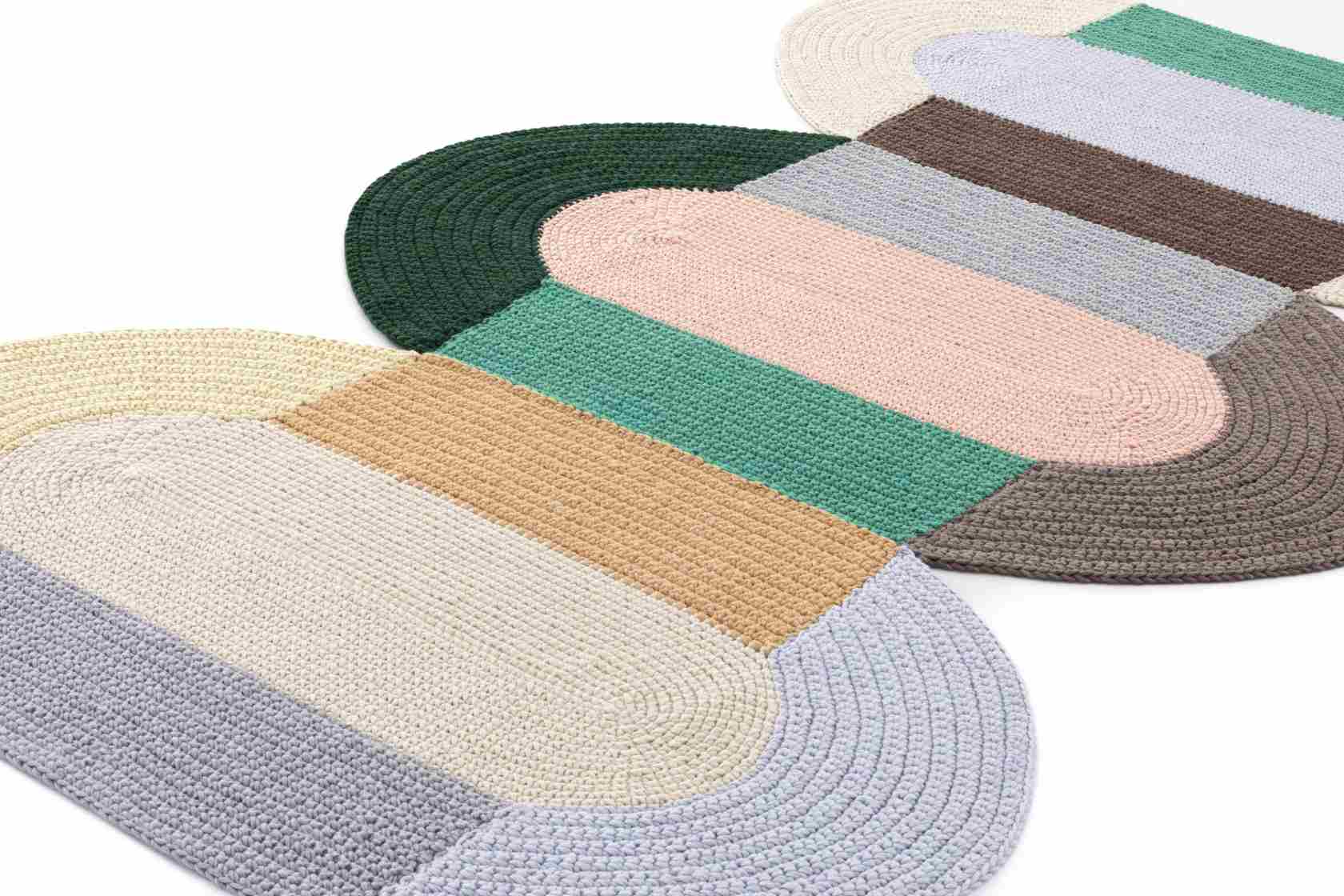 Detailansicht des The Crochet Collection Teppichs in verschiedenen Farben und Texturen, ideal für Wohnzimmer und Schlafzimmer.