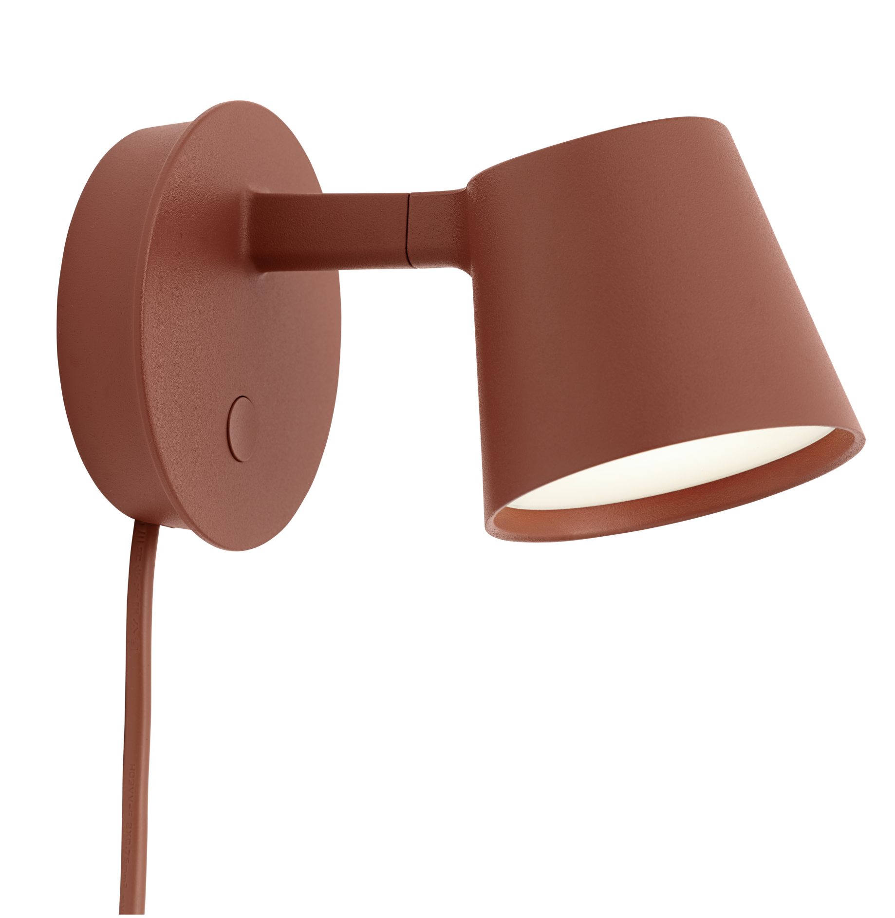 Nahaufnahme der modernen Muuto Tip Wandleuchte in Terrakotta, ideal als Schlafzimmerlampe und Leselampe.