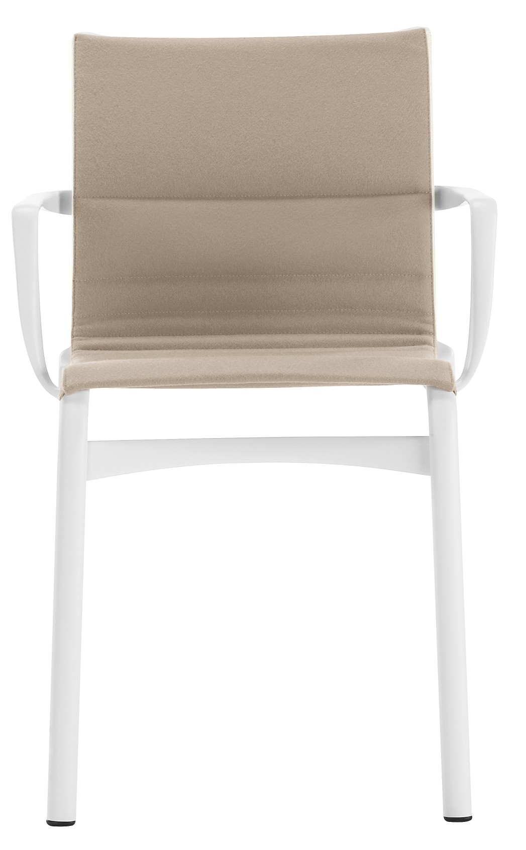 Highframe Stuhl mit Armlehne: Weißes Gestell, beige Sitzfläche. Outdoor-geeignet und modern designt.
