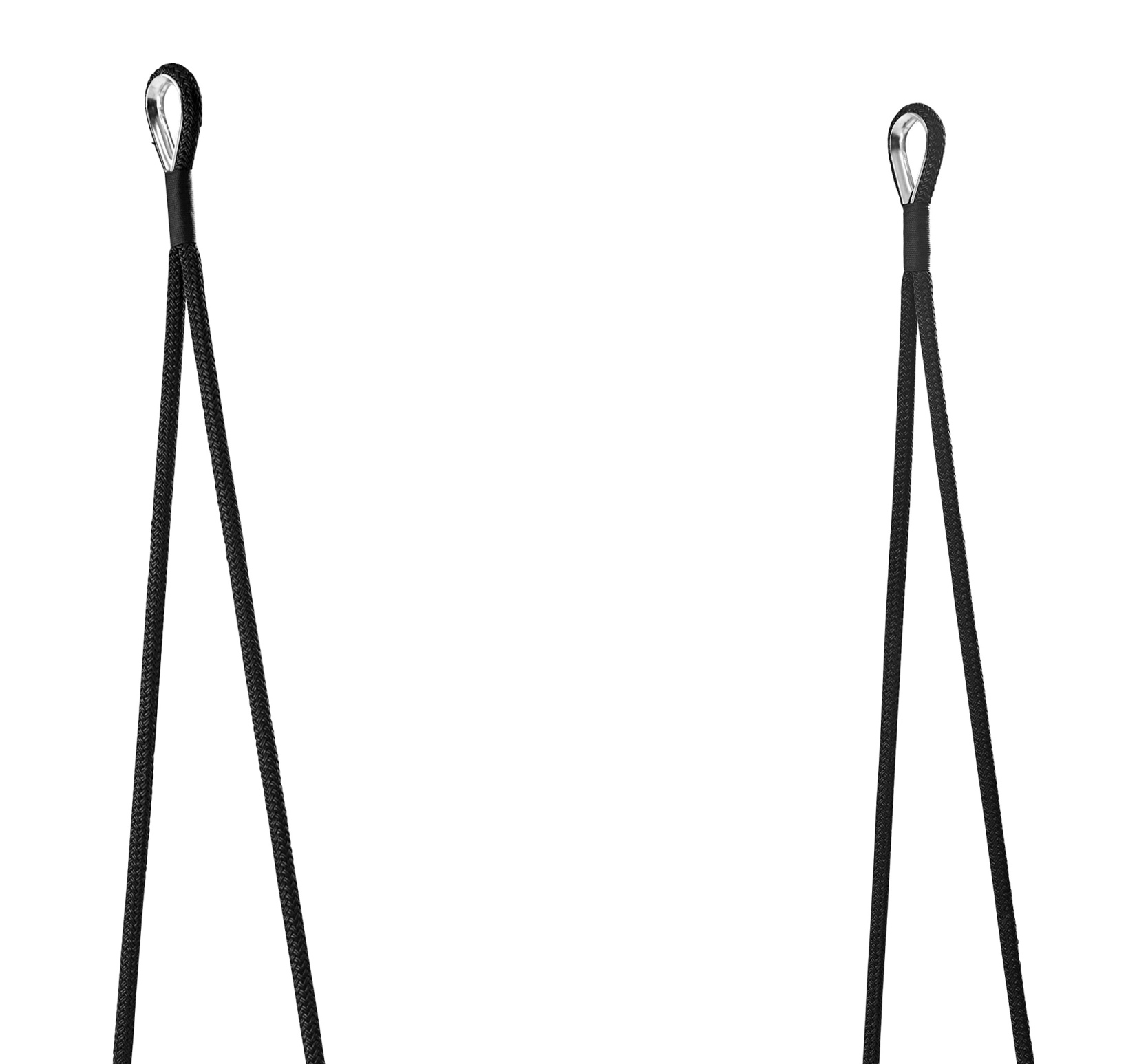 Detailaufnahme der Aufhängung für den Leya Swing Seat Schwebesessel von Freifrau Manufaktur mit schwarzen Seilen.