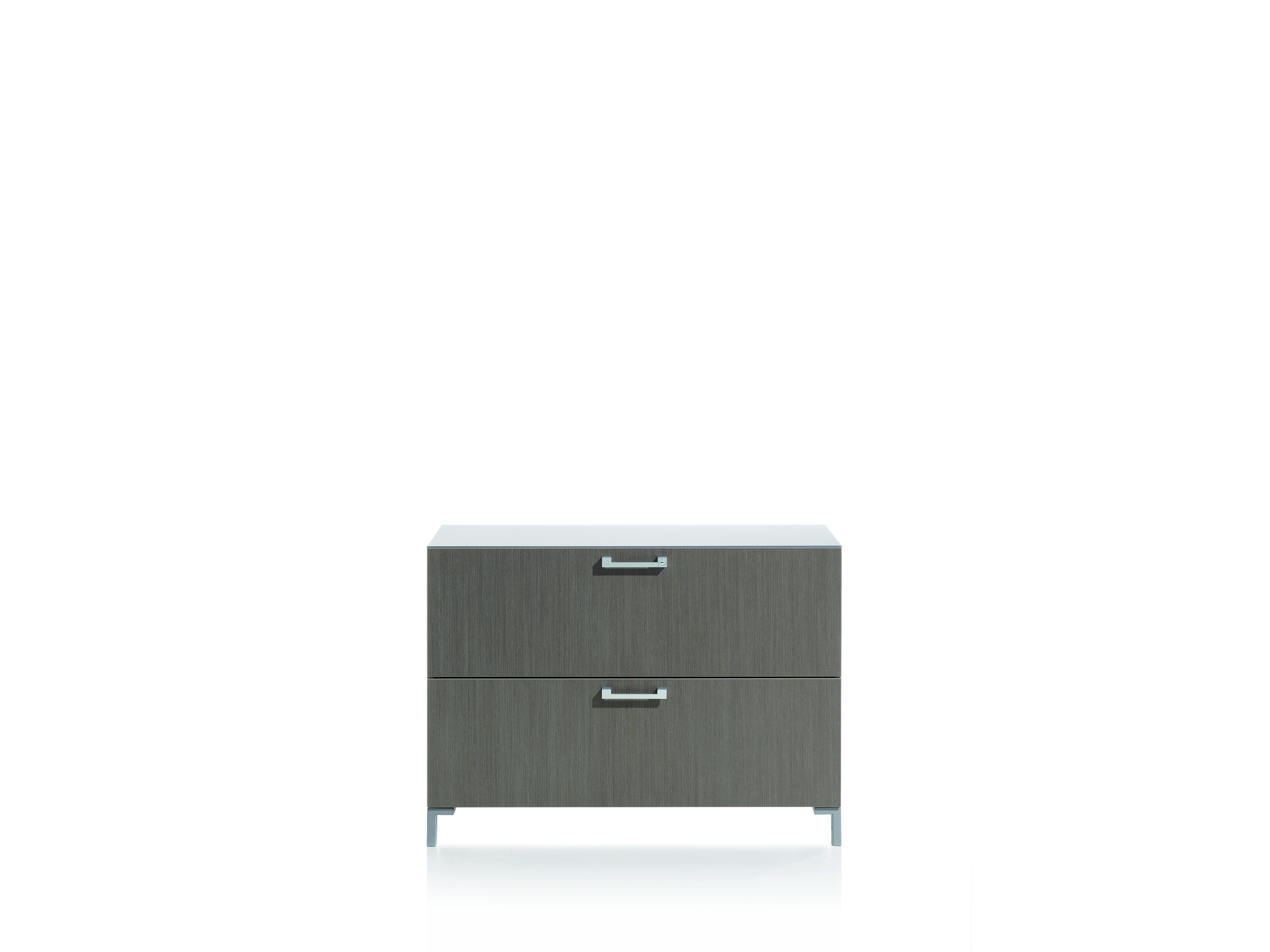 Steelcase Share It Querrolladenschrank mit zwei Schubladen und silbernen Griffen für Büroorganisation.