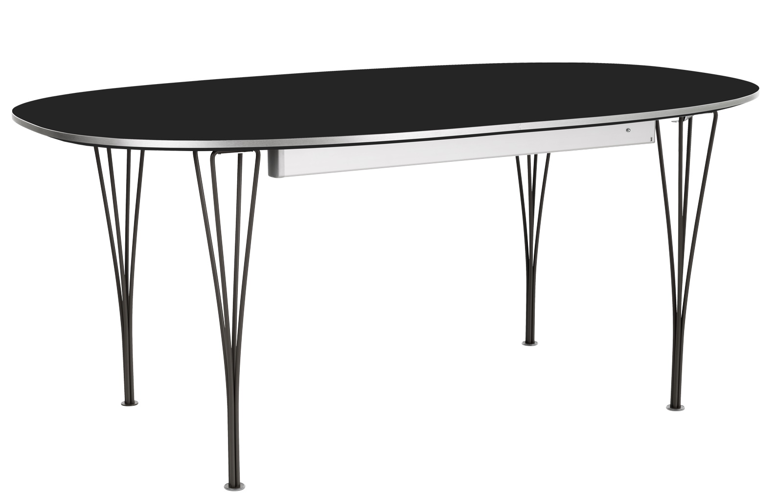 Schwarzer Super Elliptisch Ausziehtisch von Fritz Hansen mit Drahtgestell und ovaler Tischplatte.