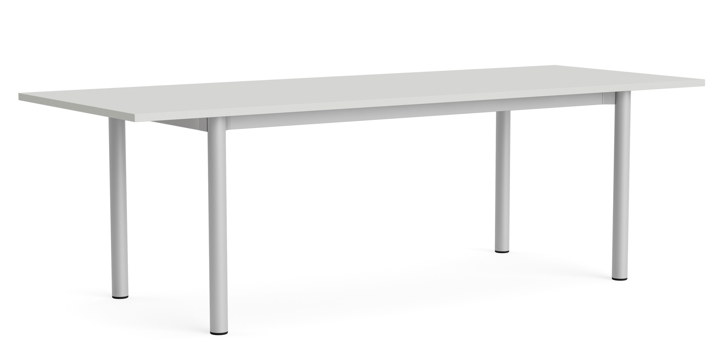 Annex Table Overhang Esstisch von Hay mit rechteckiger, weißer Tischplatte und vier zylindrischen, silbernen Beinen.
