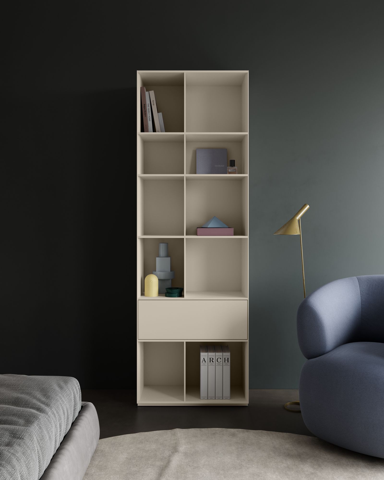 Helles Nex Pur Regal von Piure mit Schublade und offenen Fächern im modernen Wohnzimmer.