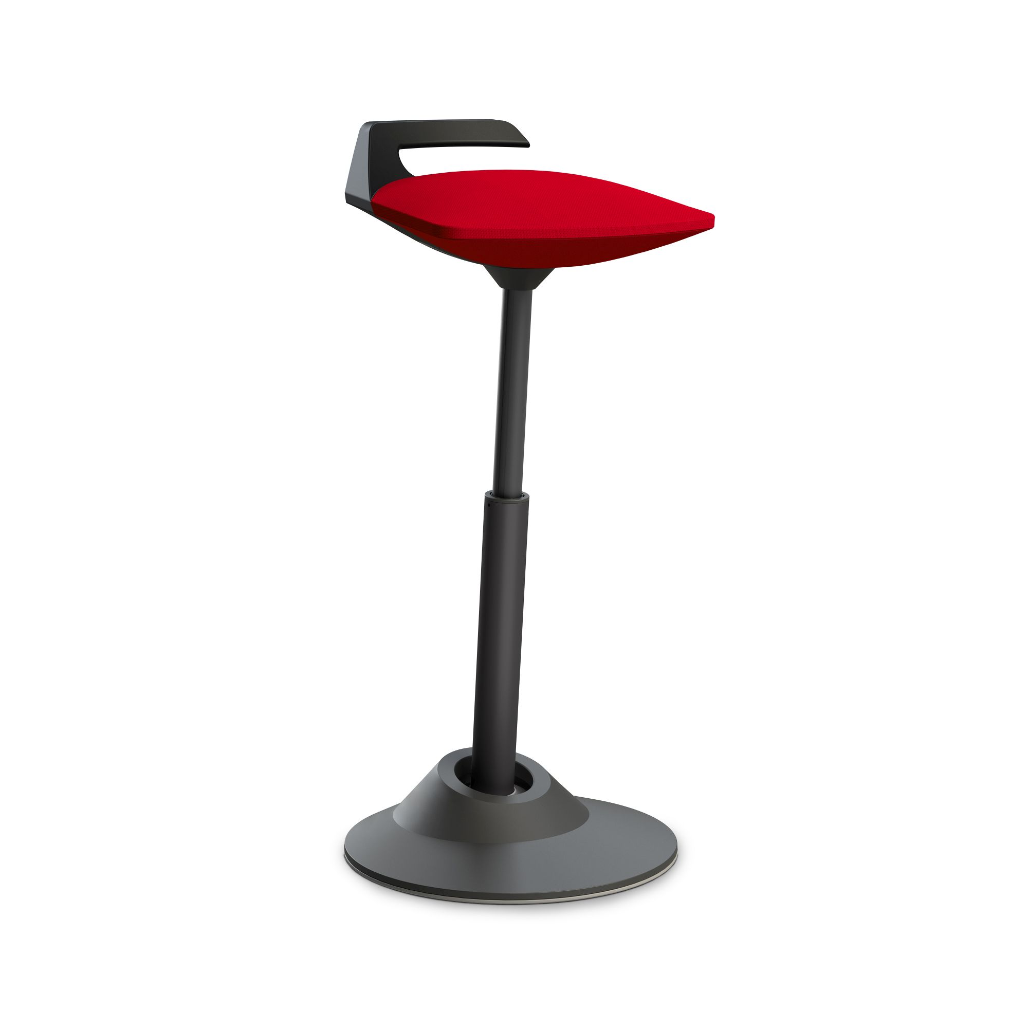 Roter Steh-Sitz Hocker mit schwarzem Fuß und Griff für ergonomisches Sitzen im Büro.